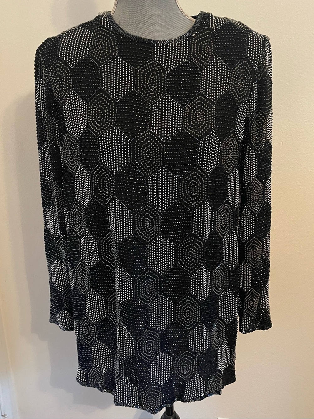Valerie Stevens Black Beaded Geometric Long-Sleeve Dress